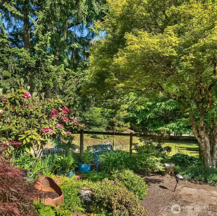 Front entrance with mature trees, lovely azaleas, maples and rhododendrons. Come by and take a seat and enjoy!