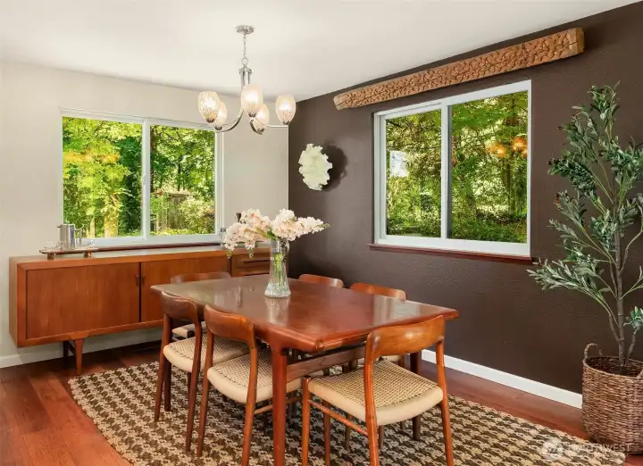 Dining room is in the southwest corner of the home. An elegant space.
