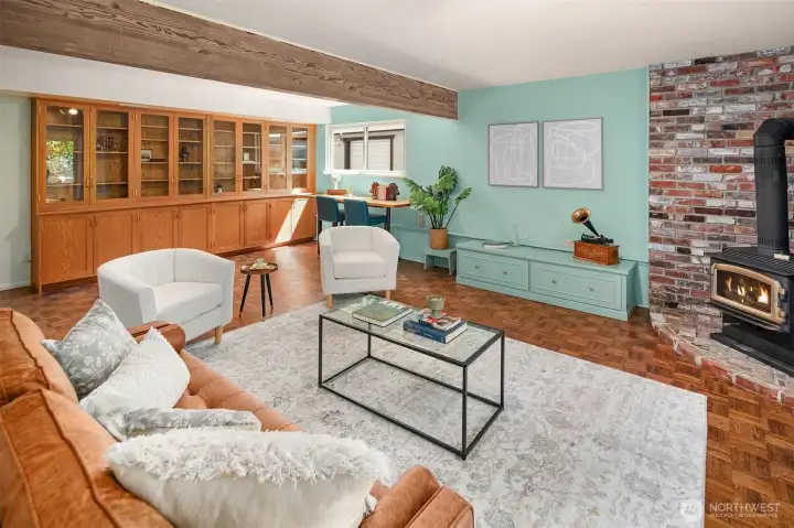 Wood stove adds cozy ambiance. Floors are oak parquet -- very sweet.