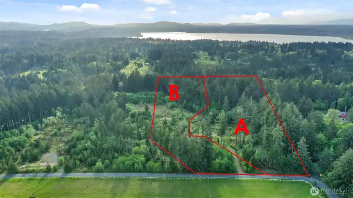 Lot B (5 acres) shares the access easement and a cul de sac is already roughed in.  Power on site too!