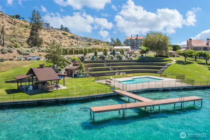 The covered BBQ area is available to all members to use, and there is an annual party for all members. Those grassy terraces are perfect places to set up your chair and enjoy the view!