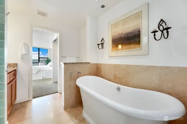 Soak in the luxurious freestanding tub.
