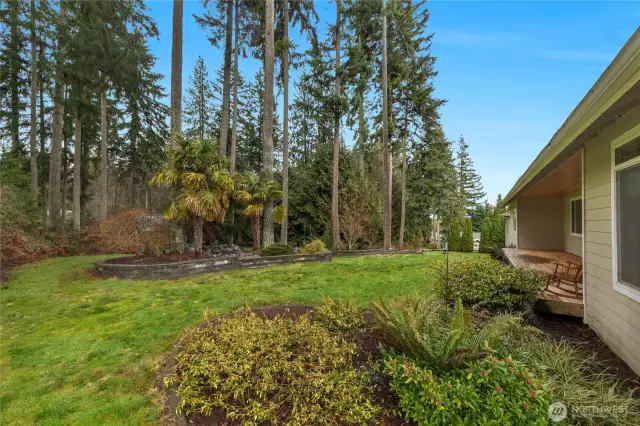 Looking west to east across the back of the house. There is a covered deck with natural gas outlet for your gas BBQ.