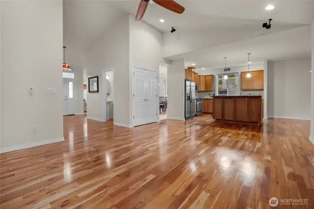 Great room looking back toward the kitchen with a breakfast dining area to the right.