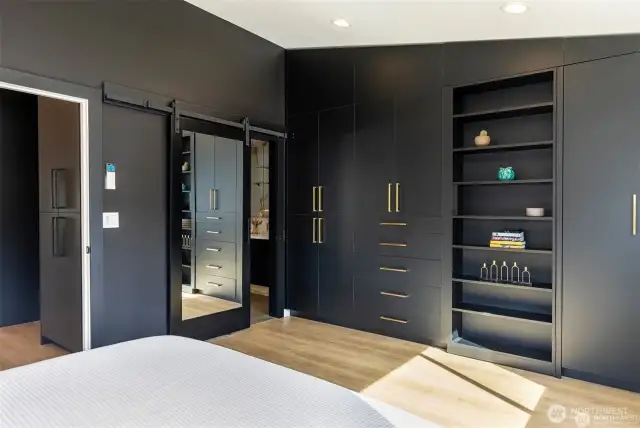 Built in closeting system with hidden door behind the bookself
