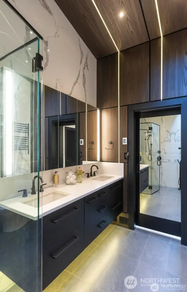 LED lights up through ceiling and double vanity.