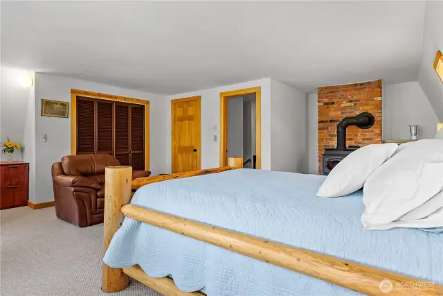 Wood stove encourages lounging in bed!