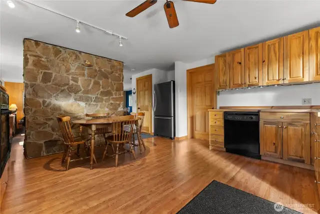 River rock fireplace adds warmth & functionality