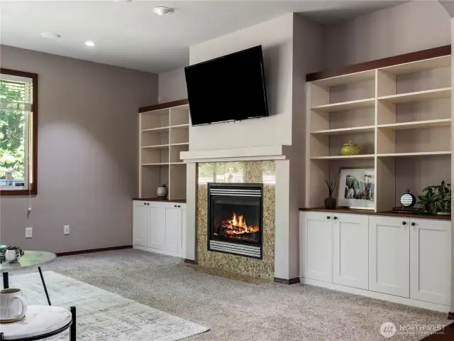 Custom-built cabinets with pull out shelving.