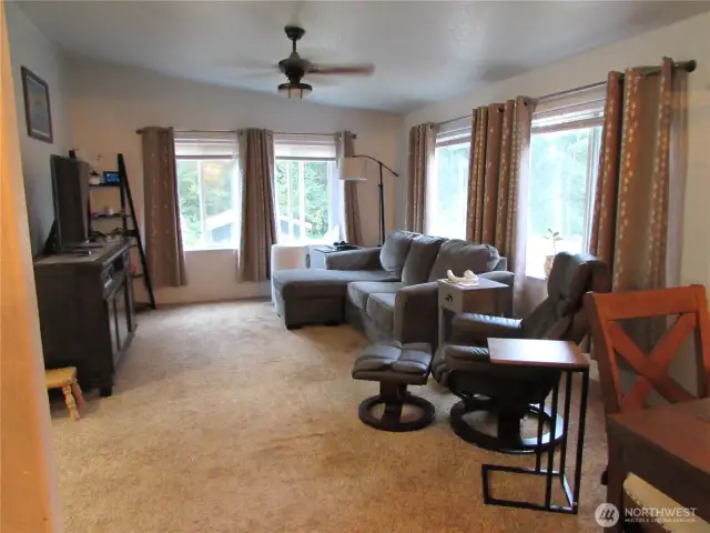 Living room and spare bedrooms to left.
