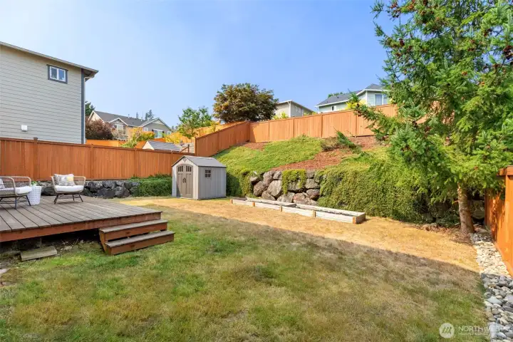 Fully fenced back yard,.