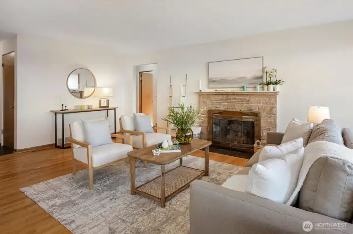 The sandstone wood-burning fireplace is a great focal point.