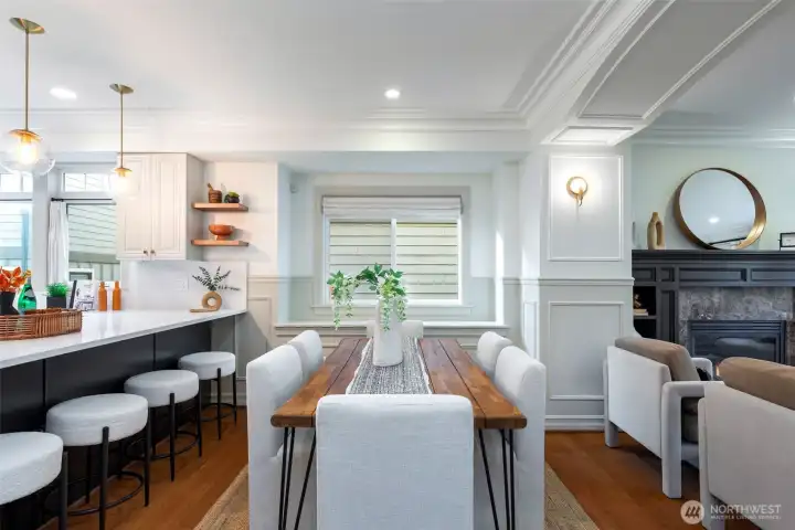 Spacious living and dining has high ceilings and great light.