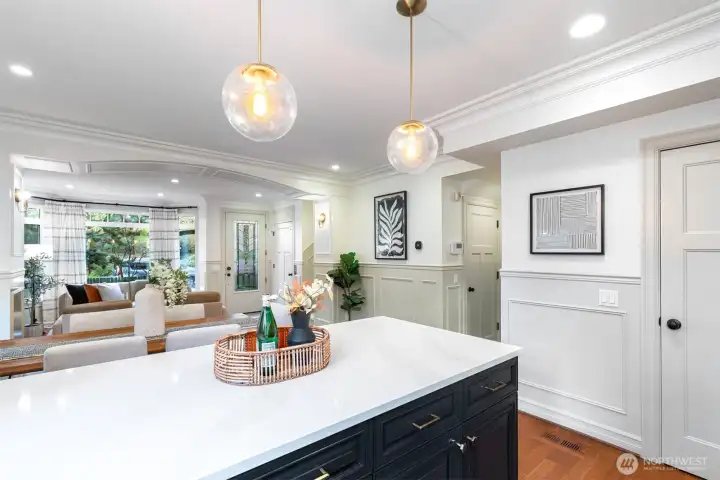 Kitchen island is open to the living and dining for great entertainment.