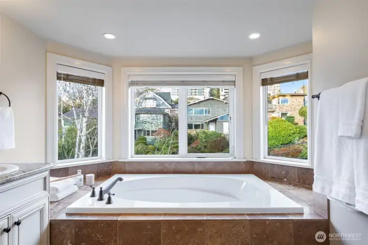 Primary bath has a newer shower and separate soaking tub, plus toilet room, two vanities, and a linen closet.