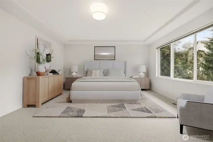 Spacious primary suite retreat with peaceful natural light