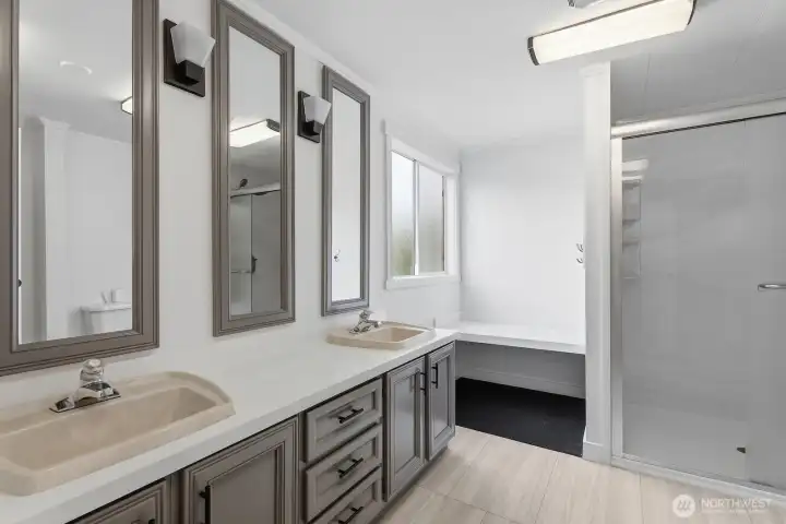 Dual sinks in the primary bathroom and updated shower