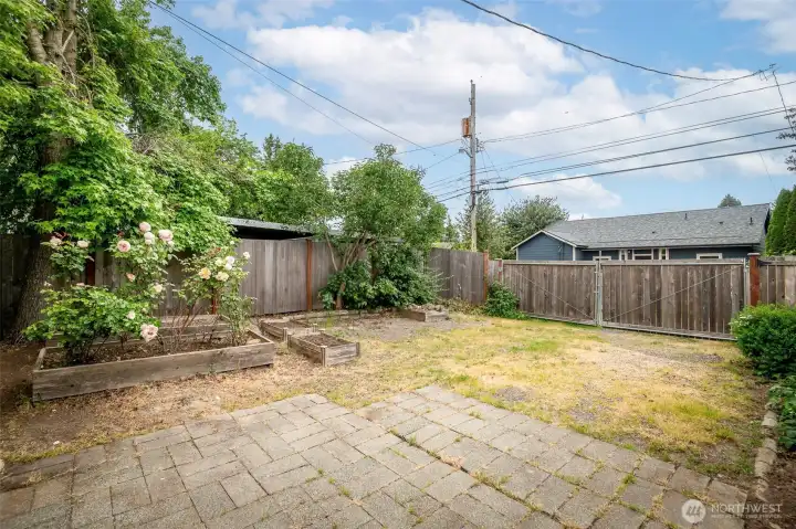 Garden boxes have roses, some are empty plus a firepit