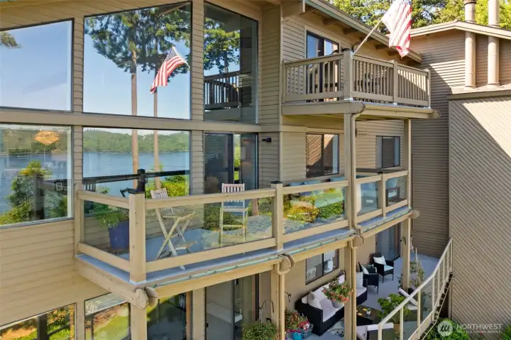 Residence decks facing Puget Sound, Narrows Bridge, and Mount Rainier (lower deck not associated)