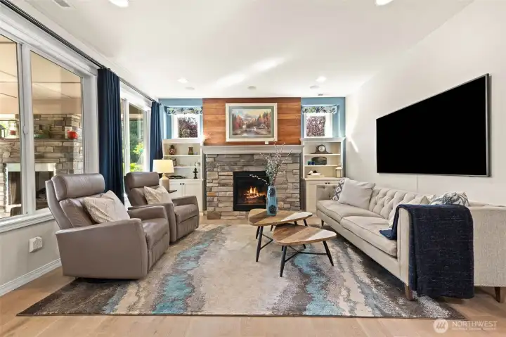 cozy and inviting living space with custom built ins and lots of light