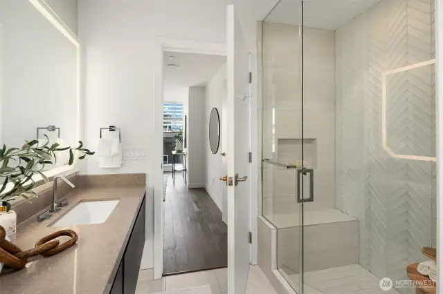 Modern sleek bathroom has beautiful finishes