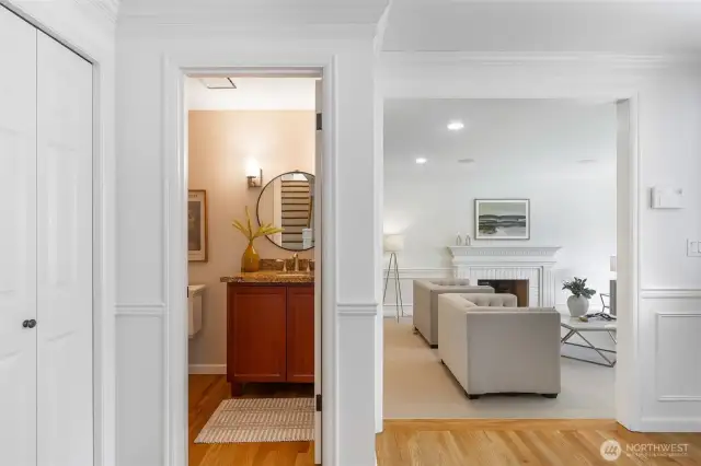 View of the powder room in relationship to the formal living room.