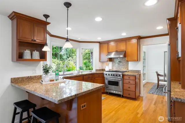 Open kitchen with stainless steel appliances and thick stone countertops