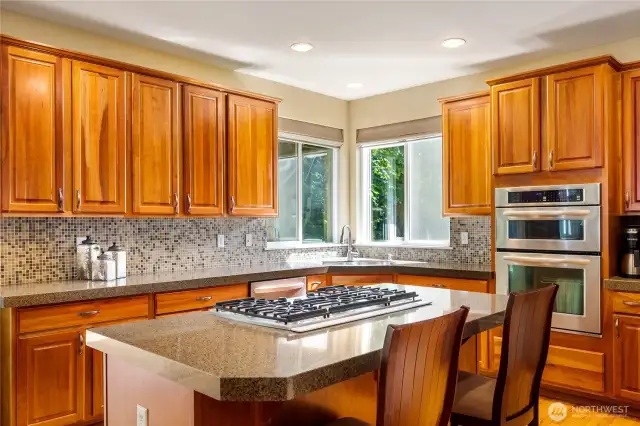 This stylish kitchen is large enough to accommodate a sizeable gathering. With granite counters, stainless appliances and a gas cooktop.