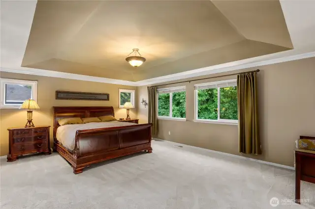 You will find this generously sized primary bedroom upstairs.  It evokes a sense of calm luxury with a sitting room two walk-in closets and a 5-piece en suite bath.