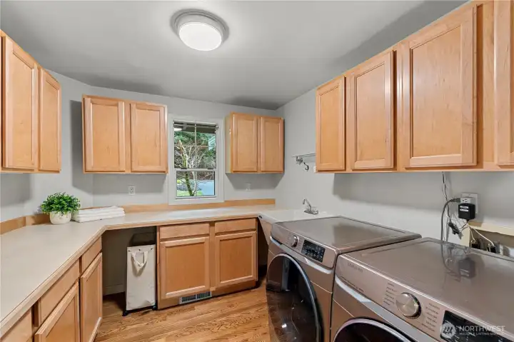 Need ROOM to fold clothes? This Oversized laundry room features a Utility Sink, Hardwood Flooring and Abundant Cabinetry.