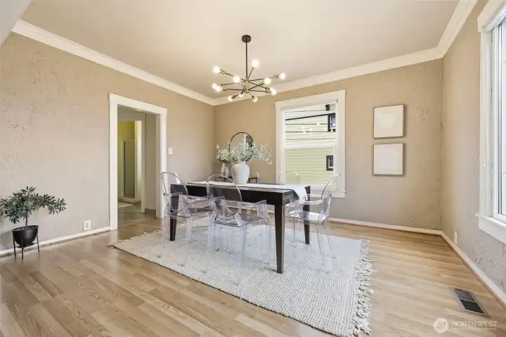 Spacious dining room with plenty of room to comfortably accommodate a 6-person table—perfect for everyday meals or entertaining.