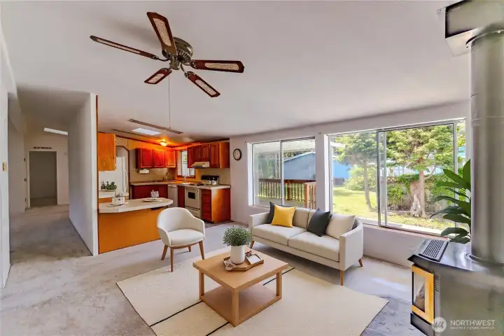 Virtual staged - family room into kitchen