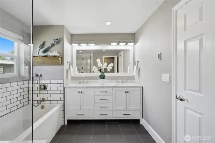 Dual-sink vanity with ample storage.