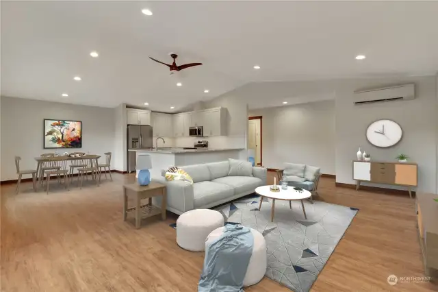 Virtually staged! There is space for all your guests and a dining area that could accommodate a large table with ease.