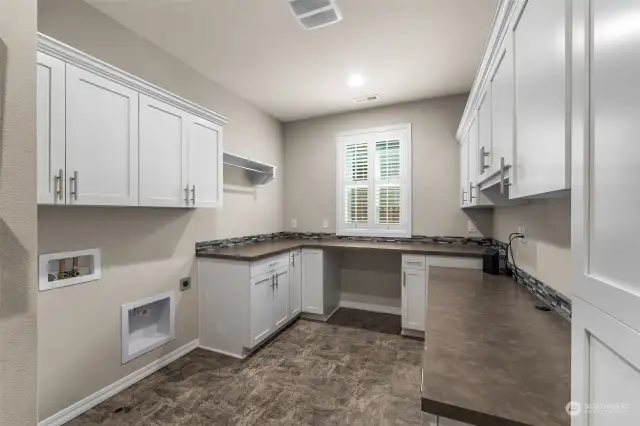 Huge laundry room right off of the kitchen and garage with tons of storage, custom shutter, pantry, and lots of counter space for folding, doing crafts, etc..