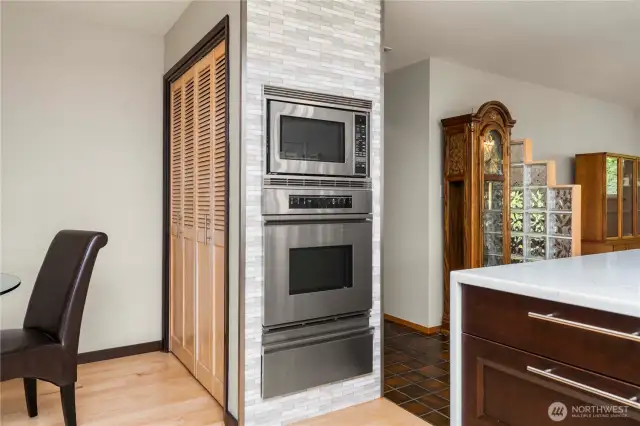 Microwave, oven and warming drawer all in one convenient location.