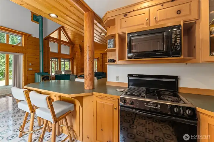 Kitchen open to large living room