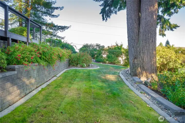 Tidy terraced gardens, a sprinkler system, and concrete curbing make life easier here.