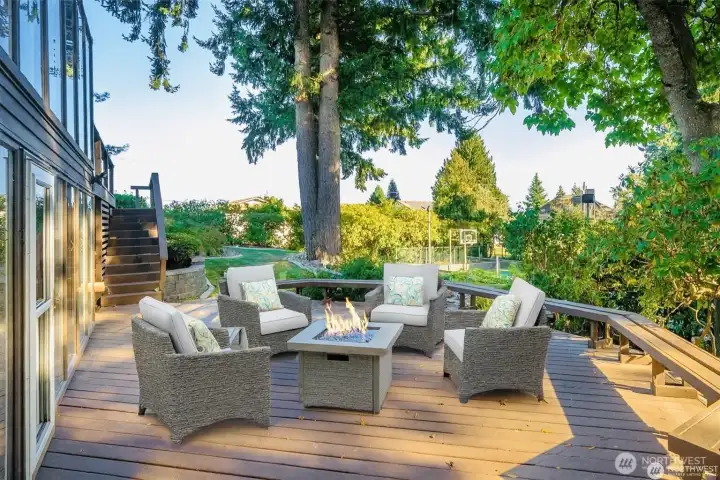 Downstairs deck off of the flex room.  You can see the sports court from here.