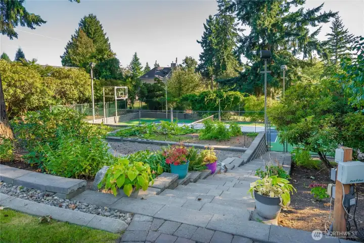 Easy steps down to the gorgeous gardening area and the lighted sports court. Everyone can enjoy being at home whether it's using the sports court, enjoying the bounty of your own garden, relaxing on the deck or in the sunroom enjoying the stunning Mt. Rainier View, or preparing a delicious meal in the gourmet kitchen.