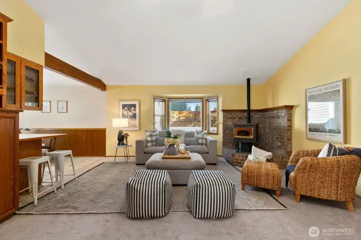 This cozy space offers a pellet stove for efficient heating.
