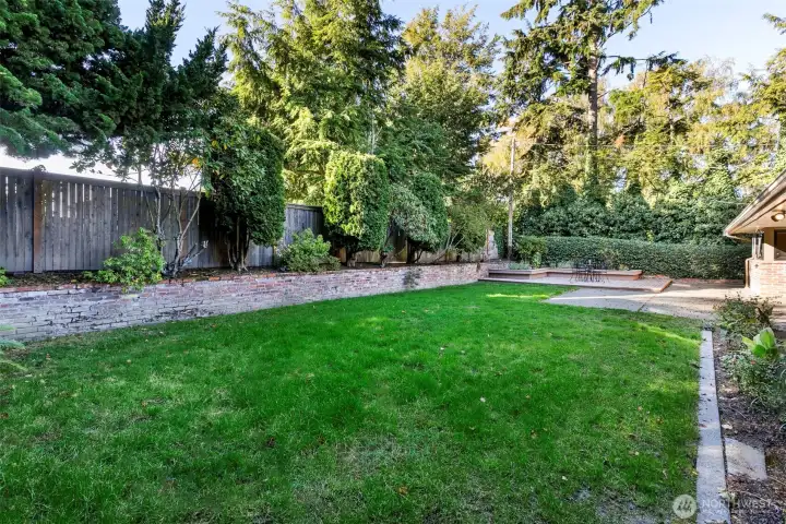 Lush garden with mature trees in Broadview Seattle property.