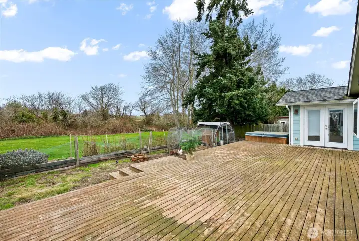 Large back deck with fields beyond