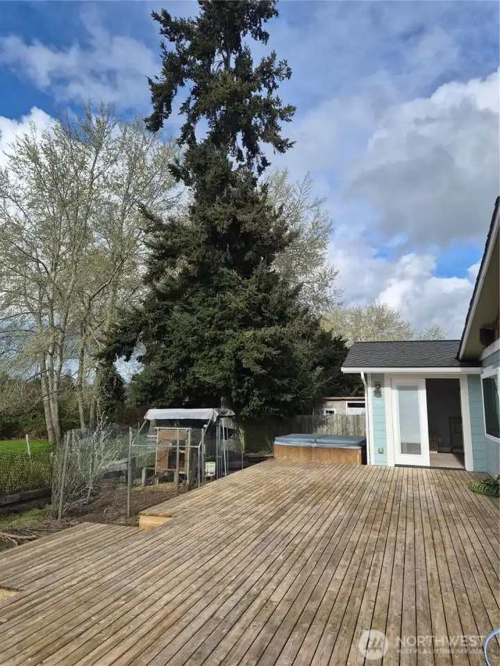 Large back deck with fields beyond