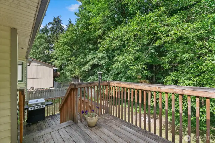 The upper deck offers the perfect space for summer BBQs, morning coffee, and relaxing while surrounded by peaceful nature.