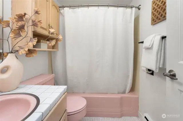 Vintage Guest bathroom with matching pink sink, toilet and shower!!