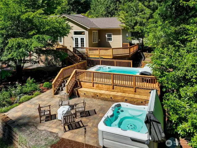 Hot summer day oasis with a swimming pool that creates its own resistance, great for exercise.   And jetted Hot tub for sore muscles or just an evening of year round relaxation.