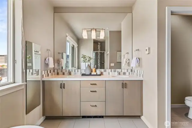Dual vanity with plenty of storage and full size mirror