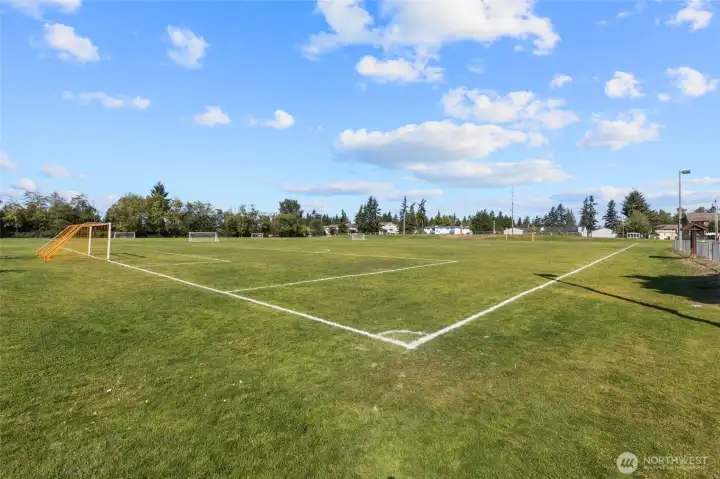 Walter Hall Park offers baseball, soccer & softball fields + playground & skate park