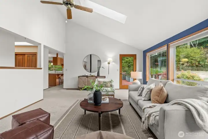 No matter the season, sunlight fills the home through multiple skylights, keeping it bright and welcoming